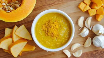 Flat lay of curried pumpkin soup in a white ceramic bowl, surrounded by fresh pumpkin slices, curry powder, and garlic cloves on a wooden board