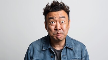 Obraz premium The image shows a man with a shocked expression wearing a denim jacket.