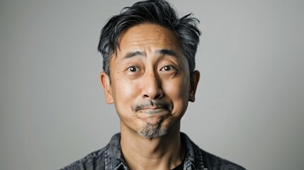 Obraz premium The image depicts a middle-aged Asian man with a neutral expression wearing a dark grey sweater standing against a plain grey background.