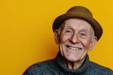 Smiling elderly man in hat on yellow background