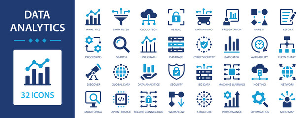 Data analytics flat icons collection. Data collection, search and analysis. Database, statistics, server, monitoring.