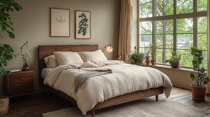 Cozy Bedroom with Natural Lighting and Greenery