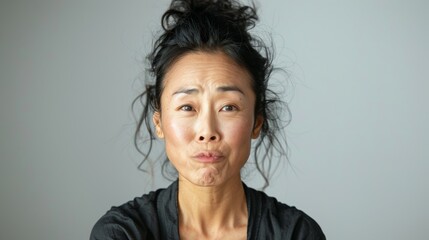 Fototapeta premium A woman with a neutral expression her face slightly tilted to the right. and her dark hair styled in a messy bun against a plain white wall background.