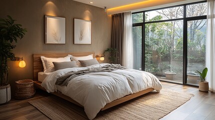 Fototapeta premium Cozy Bedroom with Soft Lighting and Natural Elements