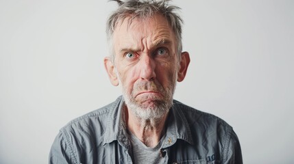 Fototapeta premium A close-up portrait Of an elderly man with a puzzled expression grey hair and a grey shirt set against plain white background.