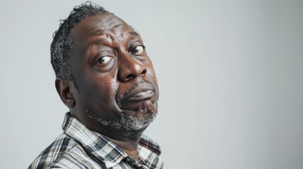Obraz premium A close-up portrait Of an Older Black man with gray hair and a plaid shirt looking over his shoulder with a serious expression.