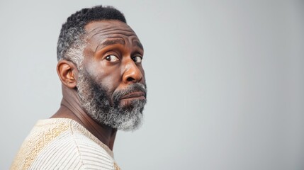 Obraz premium A black man with a beard and short hair wearing a white sweater with yellow accents looking over his left shoulder with a neutral expression against a plain gray background.