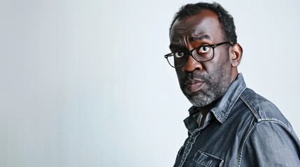 Obraz premium Portrait Of a Black man with short dark hair wearing black-framed glasses and a denim jacket on background is a plain white wall.
