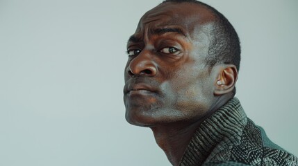 A close-up portrait Of a Black man with neutral expression looking to the left against a plain gray background.