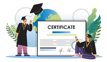 Graduated students with certificate. Two men in graduation hats near diploma. Education, learning and training. University alumni. Flat vector illustration