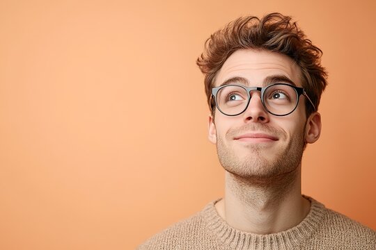 Smiling young man with glasses looking up, hopeful expression