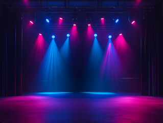 Colorful stage lights illuminate an empty performance area in a theater during a vibrant evening event