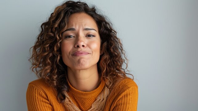 A woman with curly hair and an orange sweater making a kissy face at the camera.