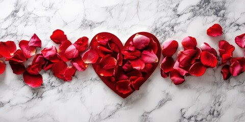 Minimalist heart decor and rose petals on marble surface, soft tones with text space.