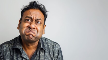 Fototapeta premium The image depicts a man with a pouty expression sporting dark hair and a dark-colored shirt with a subtle pattern.