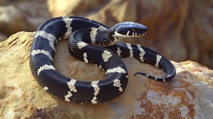 Naklejka premium California Kingsnake: Basking on a sun-baked rock, its smooth, black scales gleaming.