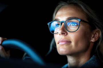 Confident Woman Driving at Night