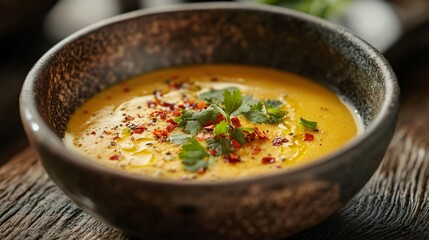 Rustic table scene with curried pumpkin soup in a pottery bowl, garnished with chili flakes and fresh coriander