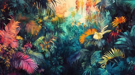 Naklejka premium A vibrant jungle scene with futuristic foliage rendered in intricate watercolor patterns, blending exotic hues in a dense tropical environment