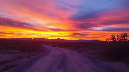 Vibrant sunset colors over an empty road in the desert