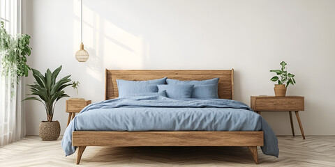Cozy Bedroom with Wooden Bed and Blue Bedding