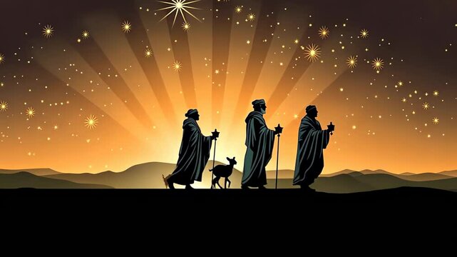 Silhouettes of Three wise men in their journey to Bethlehem following the stars