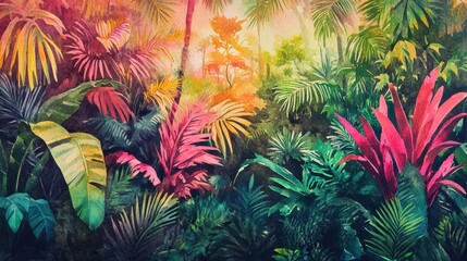 A vibrant jungle scene with futuristic foliage rendered in intricate watercolor patterns, blending exotic hues in a dense tropical environment