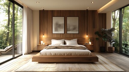 Modern Bedroom with Walnut Wood Furnishings and Textures