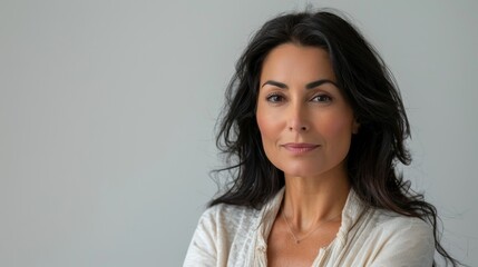 Naklejka premium The image features a woman with long dark hair and a white shirt.