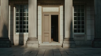 Fototapeta premium International court facade with grand architecture and flagpoles, symbolizing justice and global cooperation in resolving disputes.