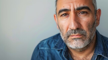Obraz premium The image depicts an older man with a short beard and mustache dressed in a blue denim shirt set against a plain gray background.