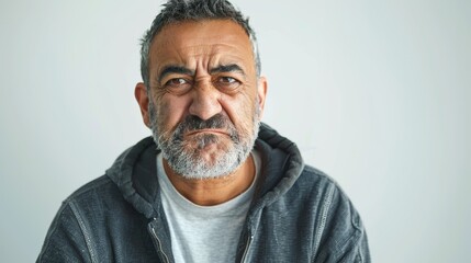 The image depicts a middle-aged man with a contemplative expression sporting short dark hair and a salt- and-pepper beard dressed in a gray hoodie over a light gray t-shirt.