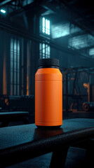 Obraz premium Stylish orange water bottle on gym bench in moody lighting.