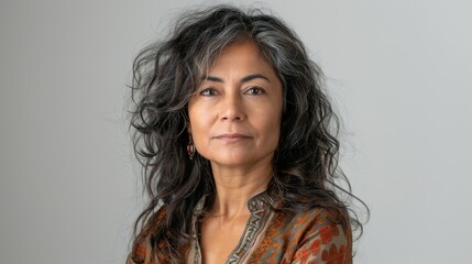 Fototapeta premium A mature woman with long wavy dark hair and a patterned blouse.