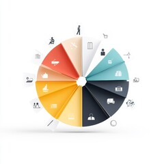 A dynamic pie chart design, office equipment icons color-coded in segments, alternating male and female person icon in core, futuristic composition, isolated on white background.
