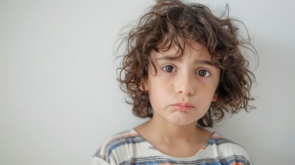 The image depicts a young boy with curly brown hair and a striped shirt conveying a sense Of sadness or disappointment.