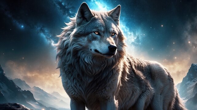 Powerful Epic Legendary Wolf with glowing face in Universe. Spiritual Animal Awakening Concept.Magical Fantasy Epic Wallpaper