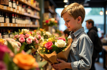 Fototapeta premium A blond boy chooses a bouquet in a flower shop for Valentine's day