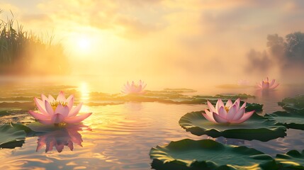 Lotus flowers blooming at dawn nature scene tranquil environment serene perspective
