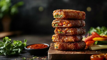 A stack of perfectly fried egg rolls on a wooden board, surrounded by dipping sauces and fresh vegetables