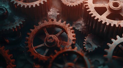 Vintage rusty machinery gears styled in a steampunk background