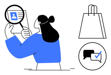 Woman examining profile with magnifying glass, shopping bag, chat bubbles with check mark. Ideal for e-commerce, social media, identity verification, online shopping, customer service, digital