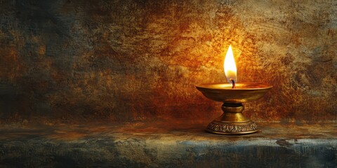 Traditional brass oil lamp lit with warm golden tones, on a stone-textured background, half space left for text, professional SLR shot.