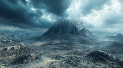 A dramatic mountain landscape under a stormy sky with rugged terrain.