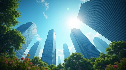 Obraz premium Skyscrapers of a modern metropolis against a blue sky and green trees. Вид снизу - Generative AI