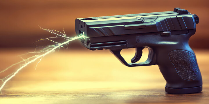 Close-up of the stun gun blast. A charge of electricity comes out of a stun gun. Self-defense.