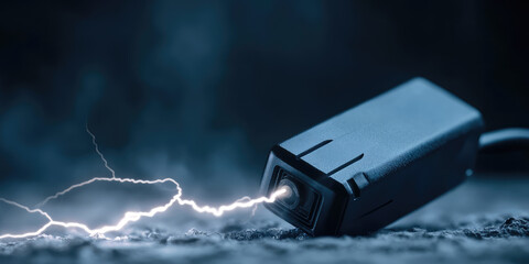 Close-up of the stun gun blast. A charge of electricity comes out of a stun gun. Self-defense.