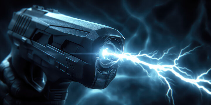 Close-up of the stun gun blast. A charge of electricity comes out of a stun gun. Self-defense.