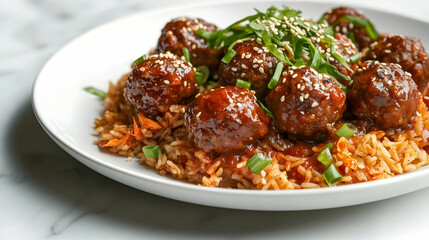 Gochujang Glazed Meatballs with Kimchi Rice and Sesame, Korean Main Course Photography