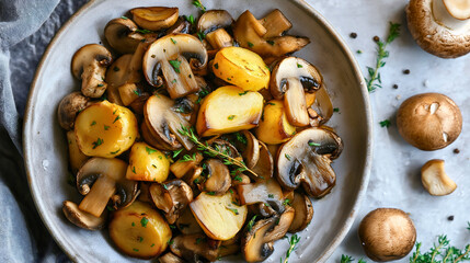 Fototapeta premium Roasted mushrooms with grilled onions parsley on plate top view, gourmet dinner dish cuisine, delicious vegetarian meal preparation